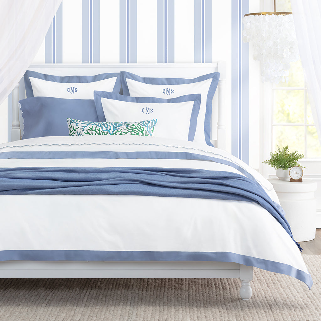 Bedroom inspiration and bedding decor | Coastal Blue 400 Thread Count Embroidered Scalloped Pillowcase Pair Duvet Cover | Crane and Canopy