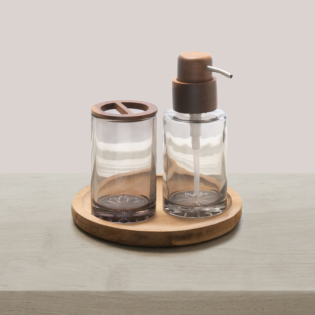 Acacia Wood and Glass Bath Accessories, Circular Tray