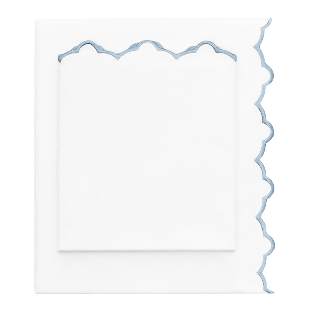 French Blue Scalloped Embroidered Sheet Set (Fitted, Flat, & Pillow Cases)