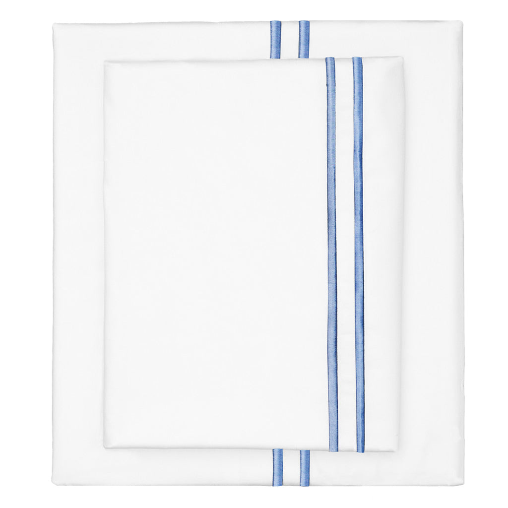 Bedroom inspiration and bedding decor | The Capri Blue Lines Embroidered Sheet Sets | Crane and Canopy