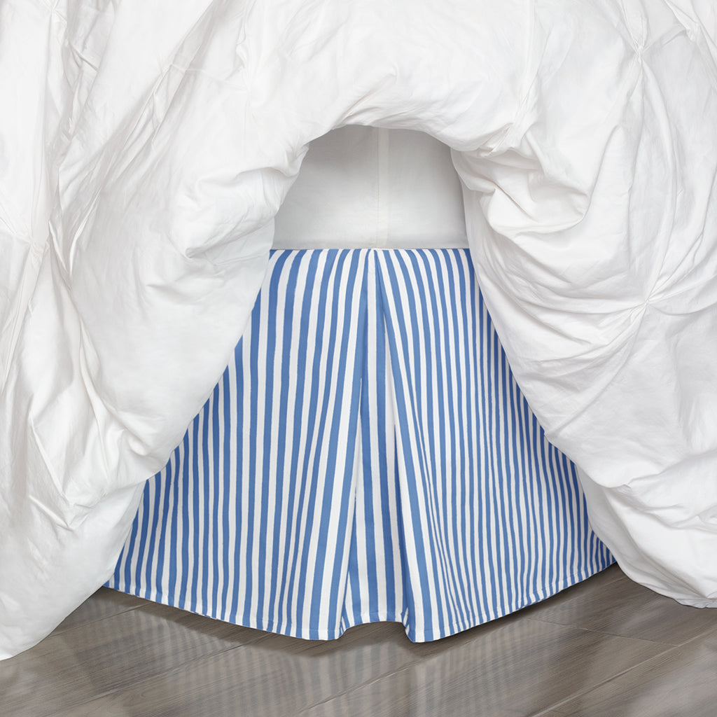 Bedroom inspiration and bedding decor | The Capri Blue Striped Pleated Bed Skirt Duvet Cover | Crane and Canopy