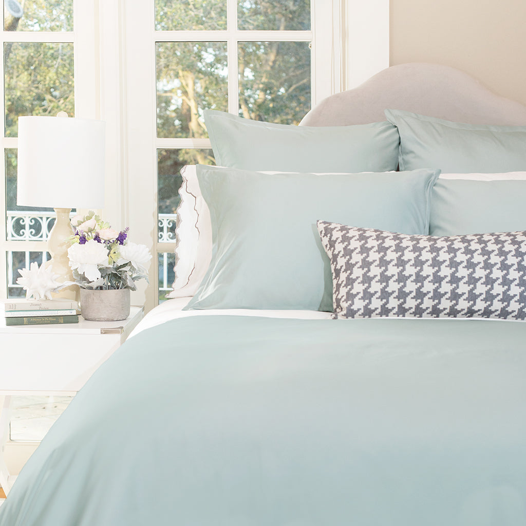 Bedroom inspiration and bedding decor | The Hayes Nova Porcelain Green Duvet Cover | Crane and Canopy