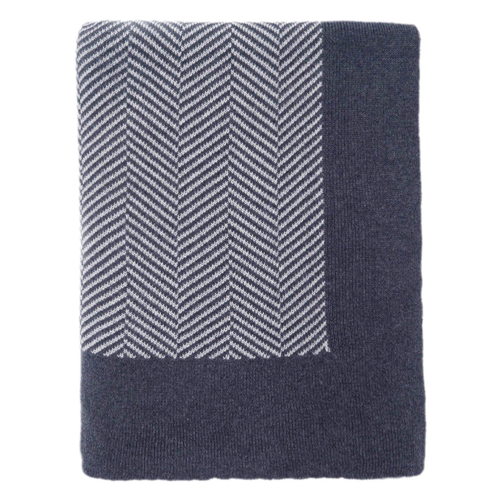 Dark Blue Border Herringbone Throw – Crane Canopy - Main Image