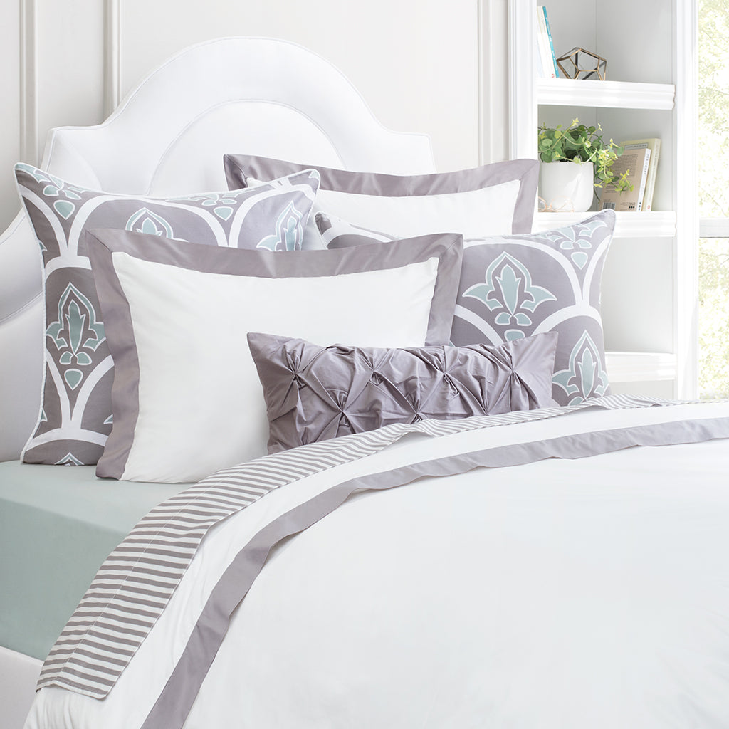 Bedroom inspiration and bedding decor | English Grey Linden Border Euro Sham Duvet Cover | Crane and Canopy