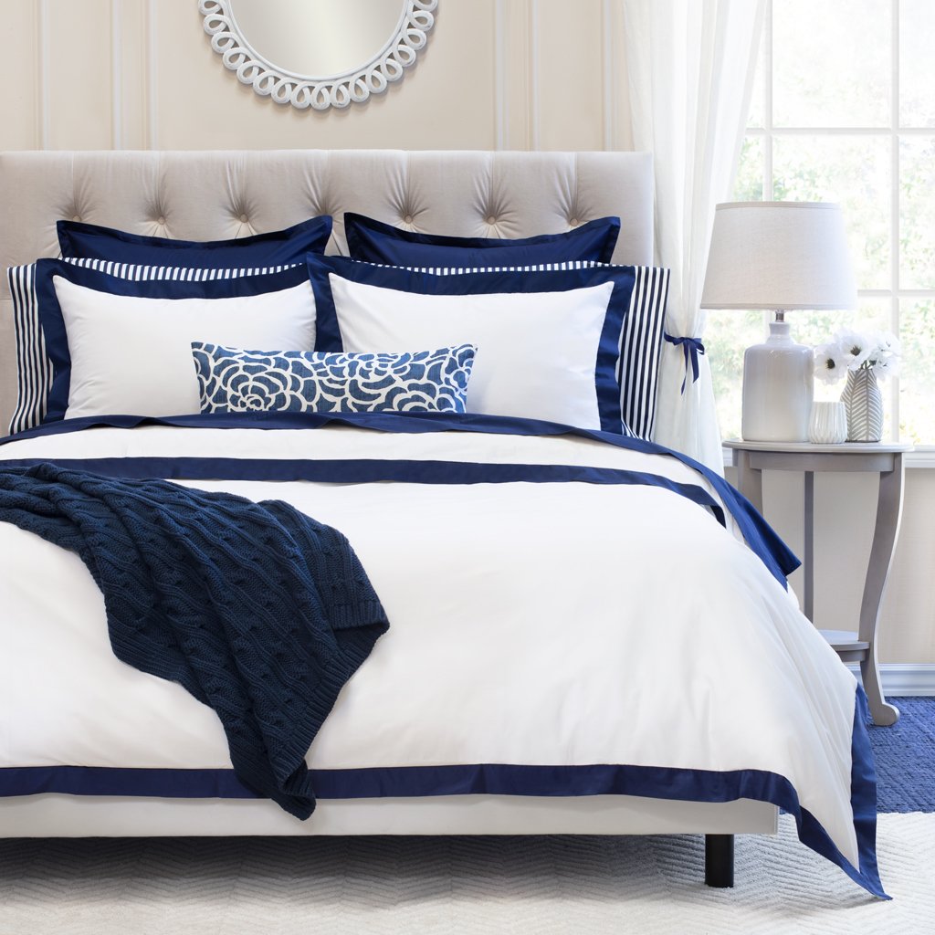 Bedroom inspiration and bedding decor | Navy Blue Linden Border Euro Sham Duvet Cover | Crane and Canopy