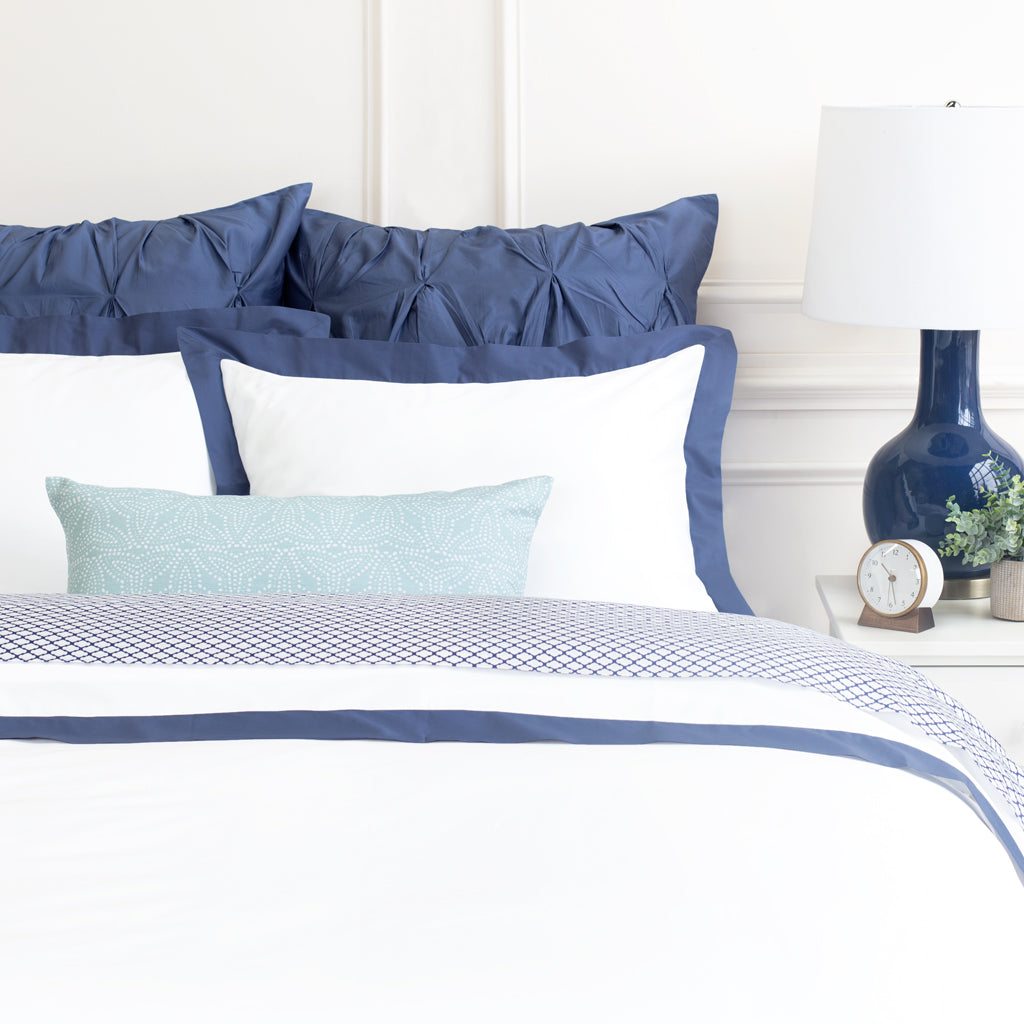 Bedroom inspiration and bedding decor | Slate Blue Linden Border Euro Sham Duvet Cover | Crane and Canopy