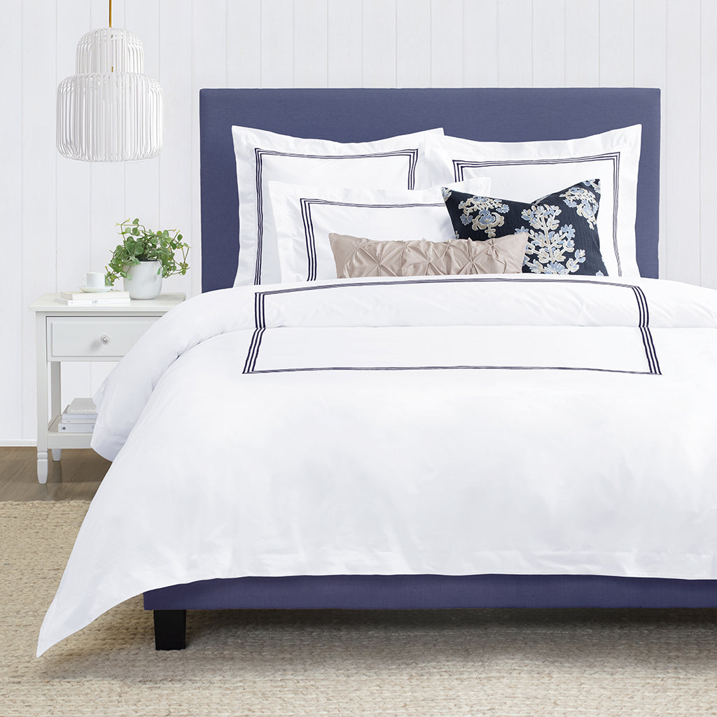 Bedroom inspiration and bedding decor | Octavia Navy Embroidered Percale Sham Duvet Cover | Crane and Canopy