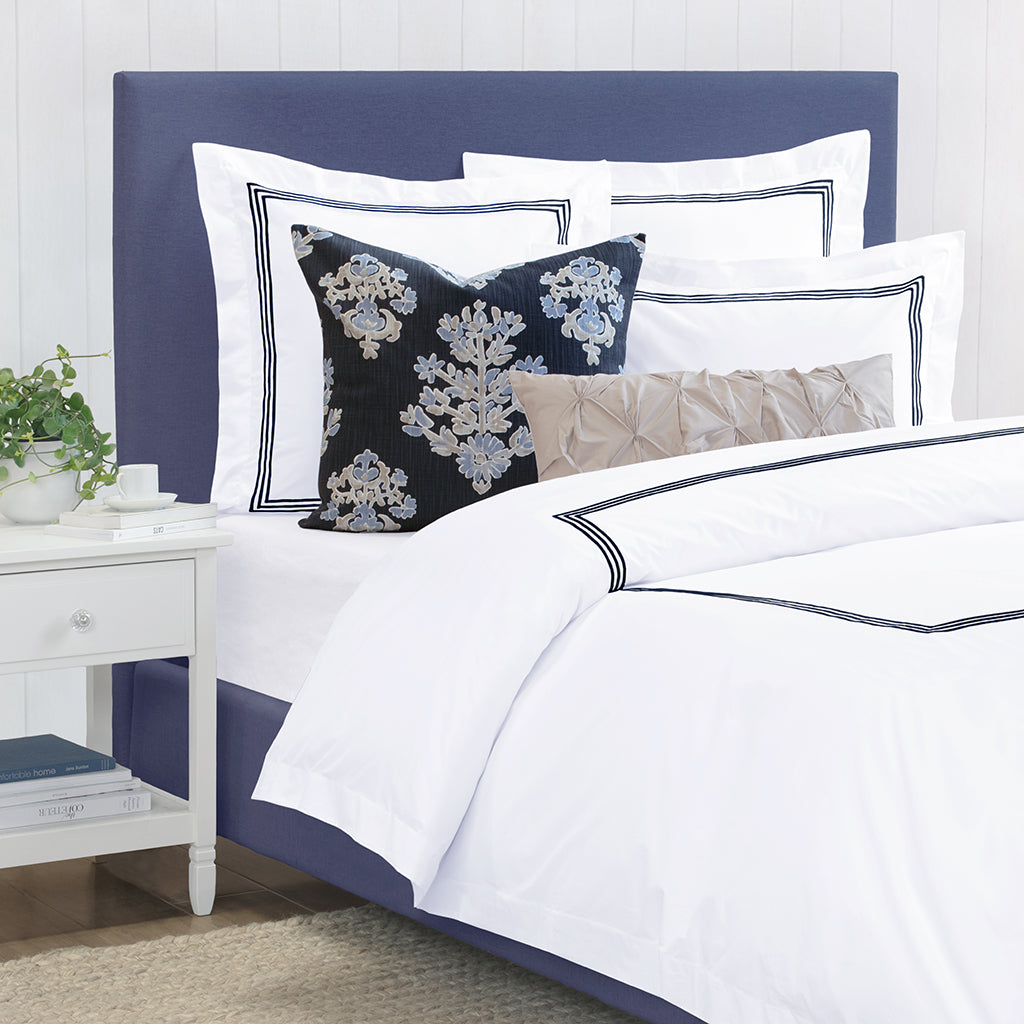Bedroom inspiration and bedding decor | Octavia Navy Embroidered Percale Duvet Cover Duvet Cover | Crane and Canopy
