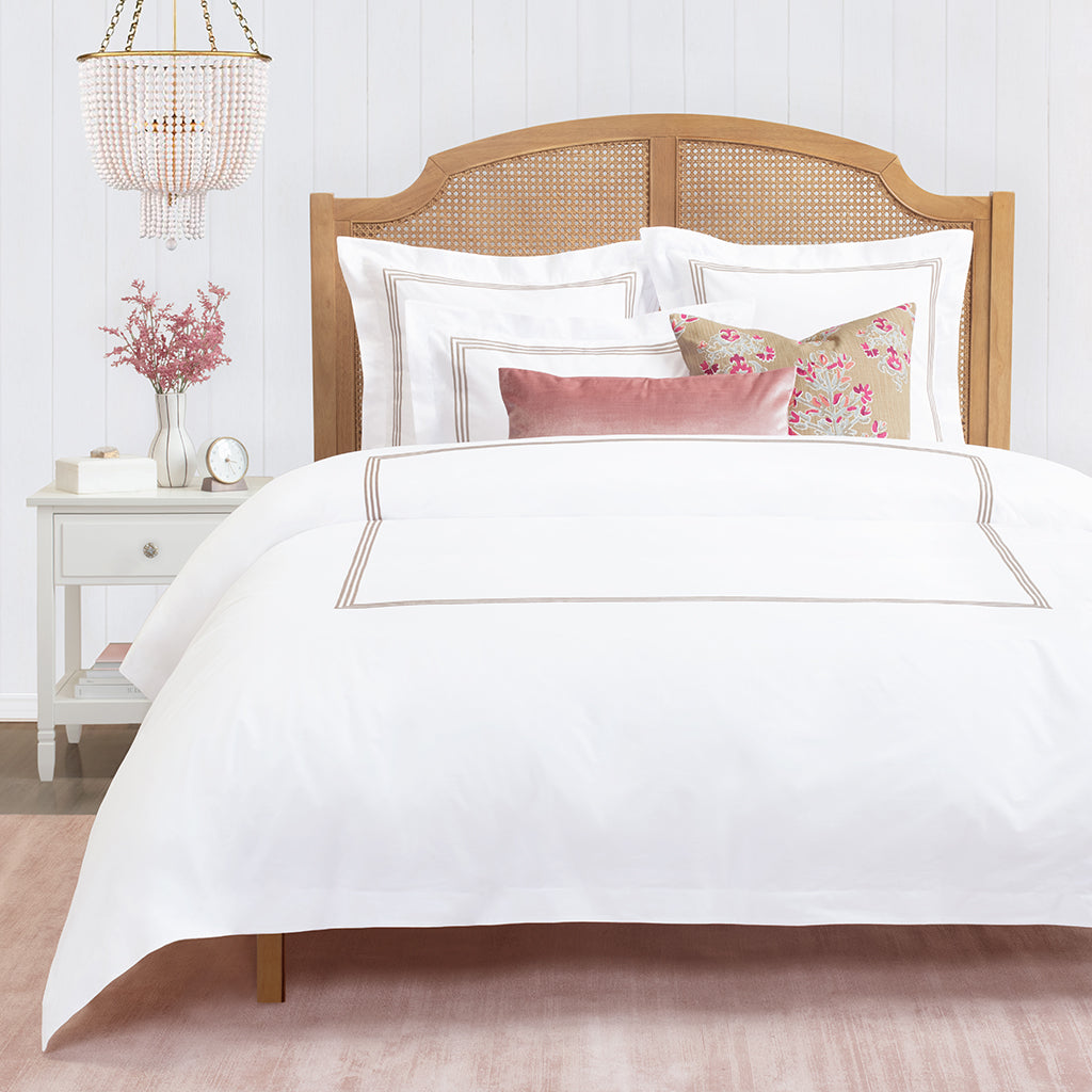 Bedroom inspiration and bedding decor | Octavia Taupe Embroidered Percale Sham Duvet Cover | Crane and Canopy