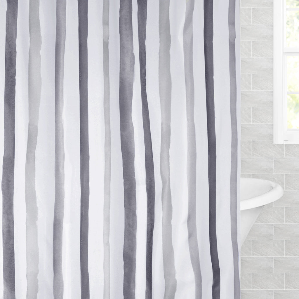 Bedroom inspiration and bedding decor | The Grey Watercolor Stripes Shower Curtain Duvet Cover | Crane and Canopy