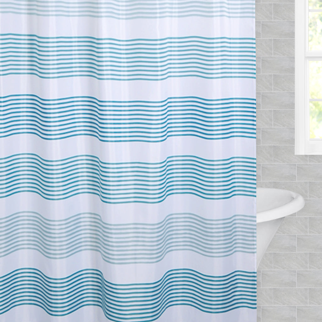 Bedroom inspiration and bedding decor | The Turquoise Santorini Striped Shower Curtain Duvet Cover | Crane and Canopy