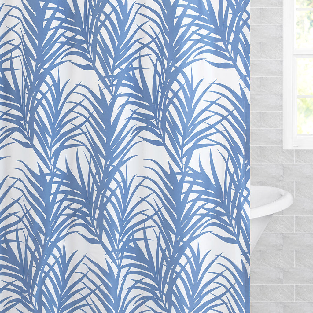 Bedroom inspiration and bedding decor | The Blue Palm Leaf Shower Curtain Duvet Cover | Crane and Canopy