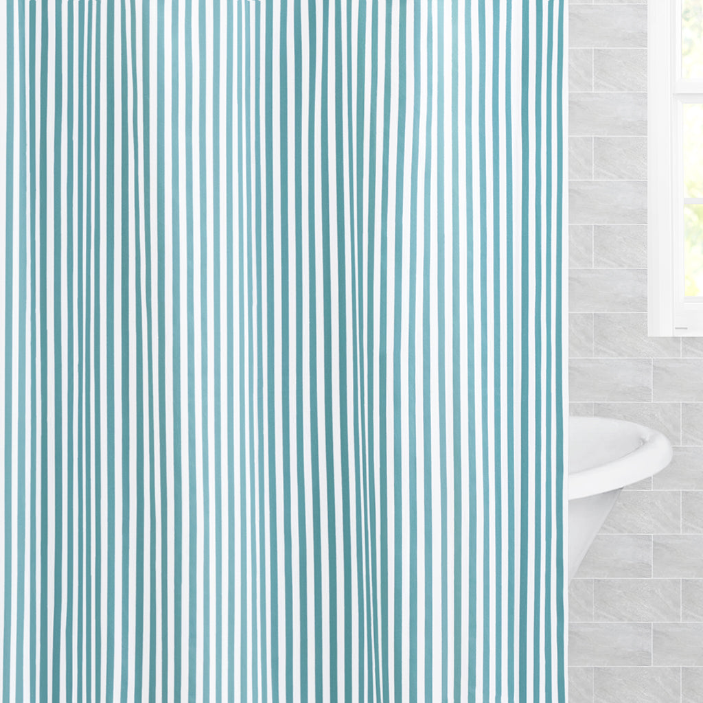 Bedroom inspiration and bedding decor | The Turquoise Lines Shower Curtain Duvet Cover | Crane and Canopy
