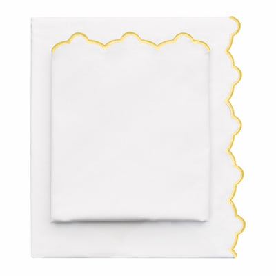 Yellow Scalloped Embroidered Sheet Set (Fitted, Flat, & Pillow Cases)