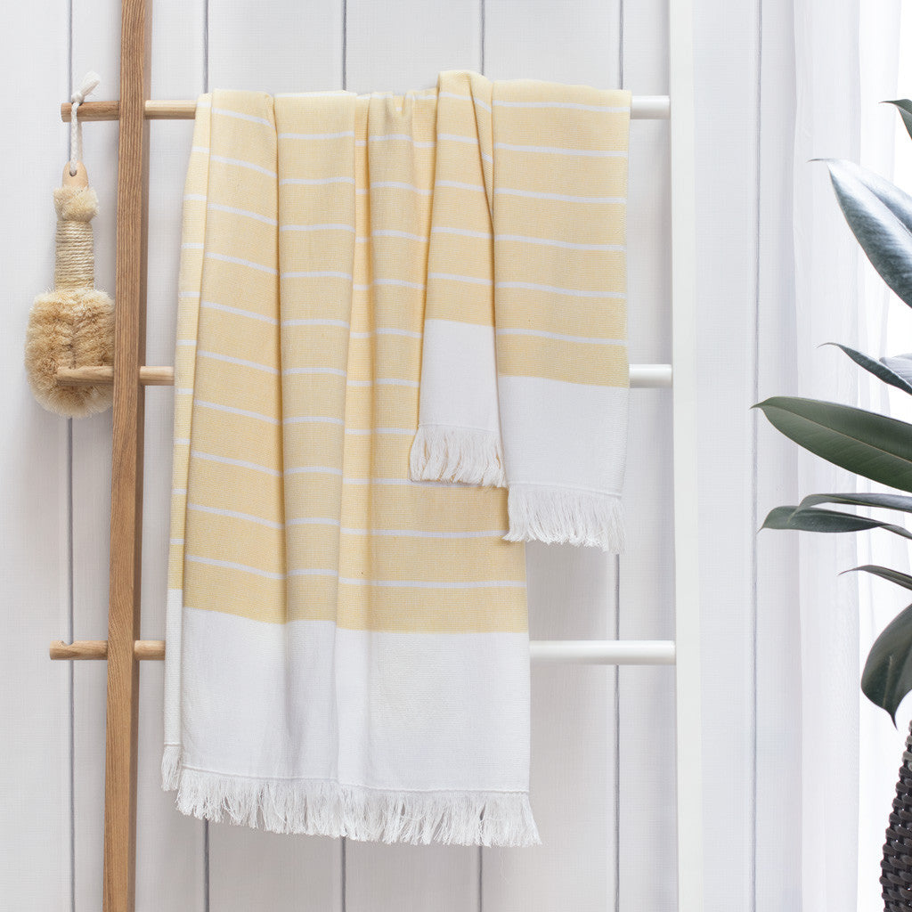 Bedroom inspiration and bedding decor | The Yellow Stripe Fouta Towels Duvet Cover | Crane and Canopy