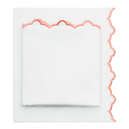 Coral Scalloped Embroidered Sheet Set (Fitted, Flat, & Pillow Cases)