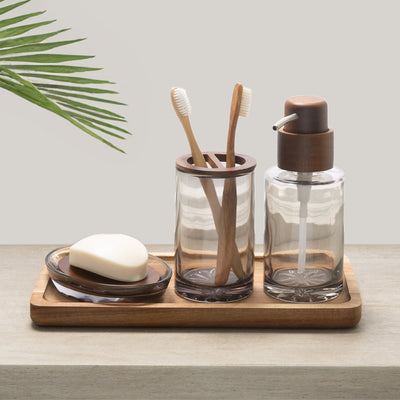 Acacia Wood and Glass Bath Accessories, Toothbrush Holder
