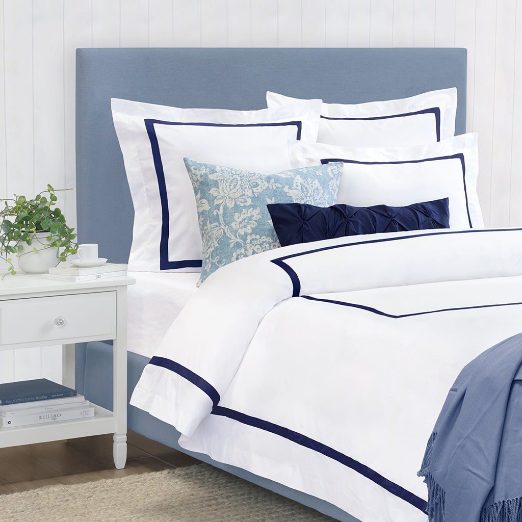 Bedroom inspiration and bedding decor | Bella Navy Framed Percale Duvet Cover Duvet Cover | Crane and Canopy