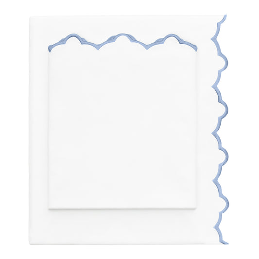 Cornflower Blue Scalloped Embroidered Sheet Set (Fitted, Flat, & Pillow Cases)