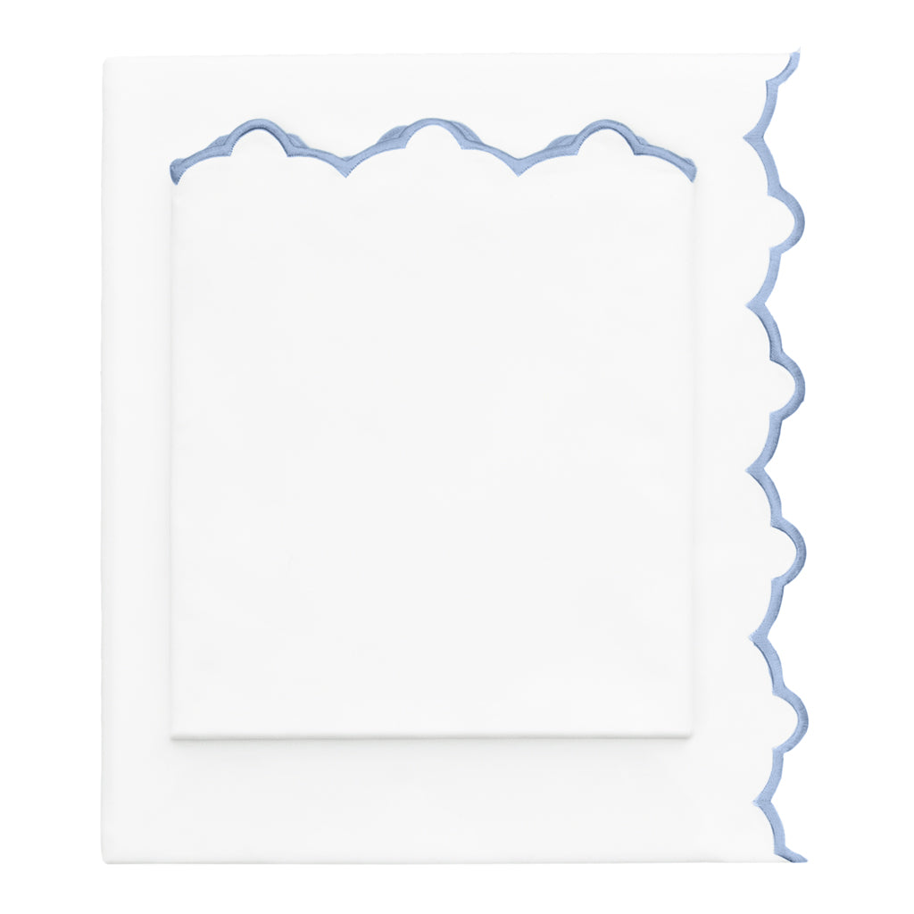 Cornflower Blue Scalloped Embroidered Pillowcase Pair
