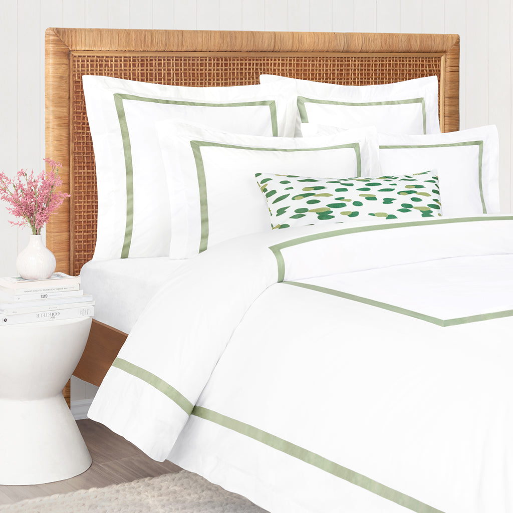 Bedroom inspiration and bedding decor | Bella Eucalyptus Framed Percale Duvet Cover Duvet Cover | Crane and Canopy