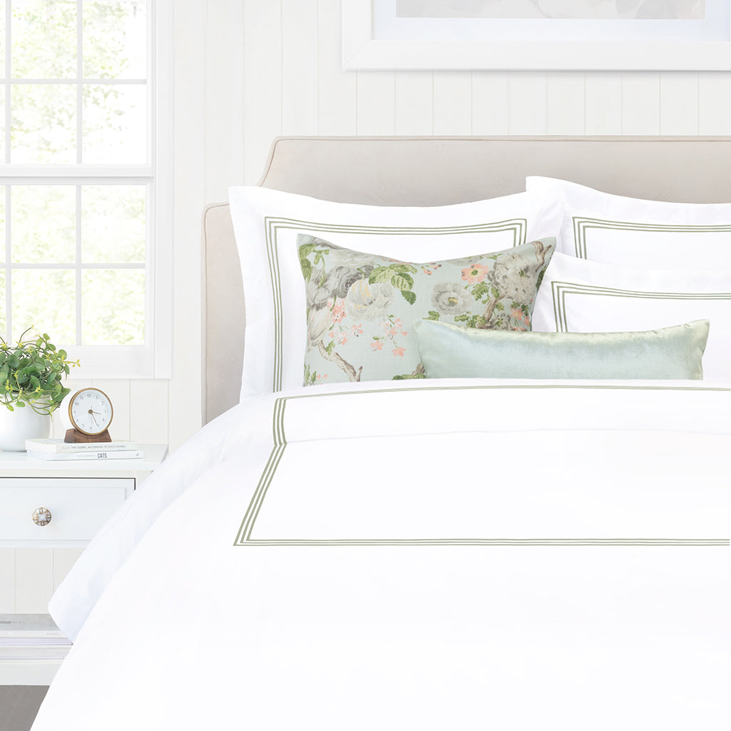 Bedroom inspiration and bedding decor | Octavia Eucalyptus Embroidered Percale Sham Duvet Cover | Crane and Canopy