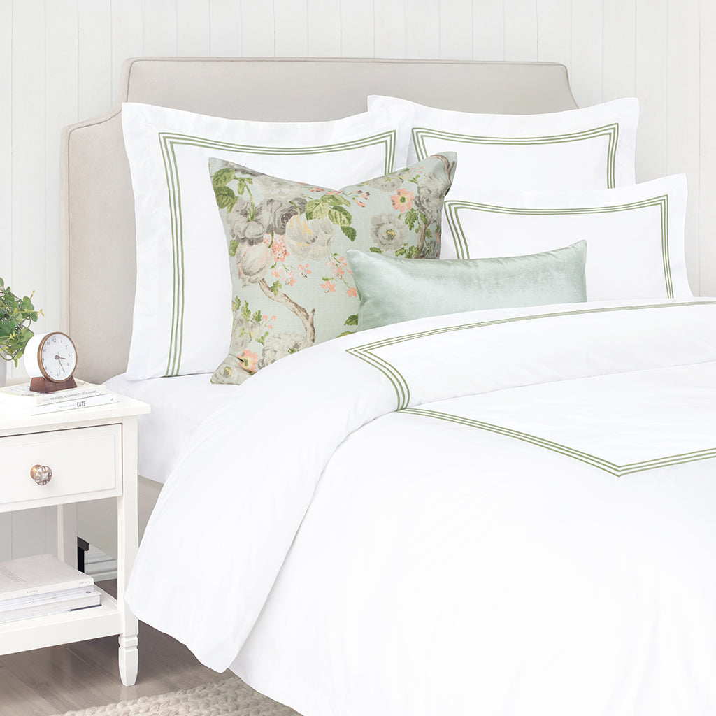 Bedroom inspiration and bedding decor | Octavia Eucalyptus Embroidered Percale Euro Sham Duvet Cover | Crane and Canopy