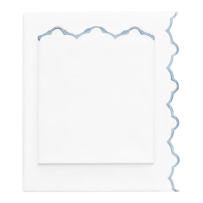 French Blue Scalloped Embroidered Sheet Set (Fitted, Flat, & Pillow Cases)