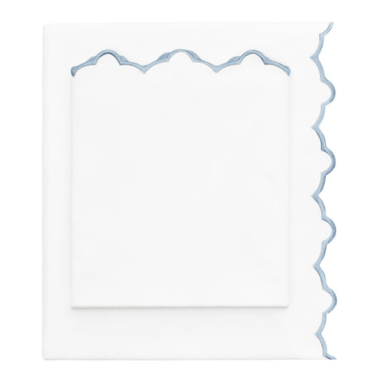 French Blue Scalloped Embroidered Sheet Set (Fitted, Flat, & Pillow Cases)