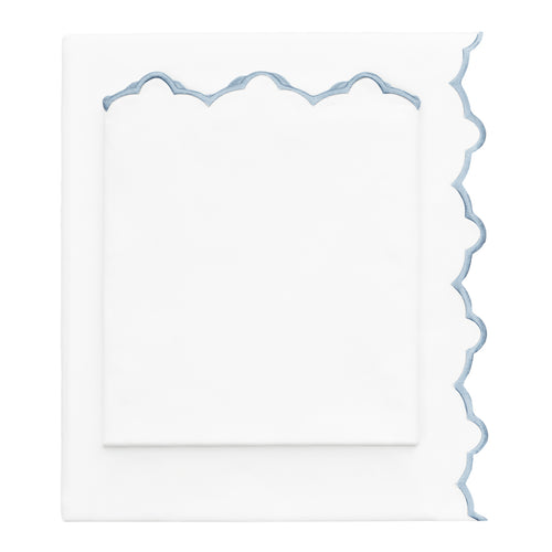 French Blue Scalloped Embroidered Sheet Set (Fitted, Flat, & Pillow Cases)