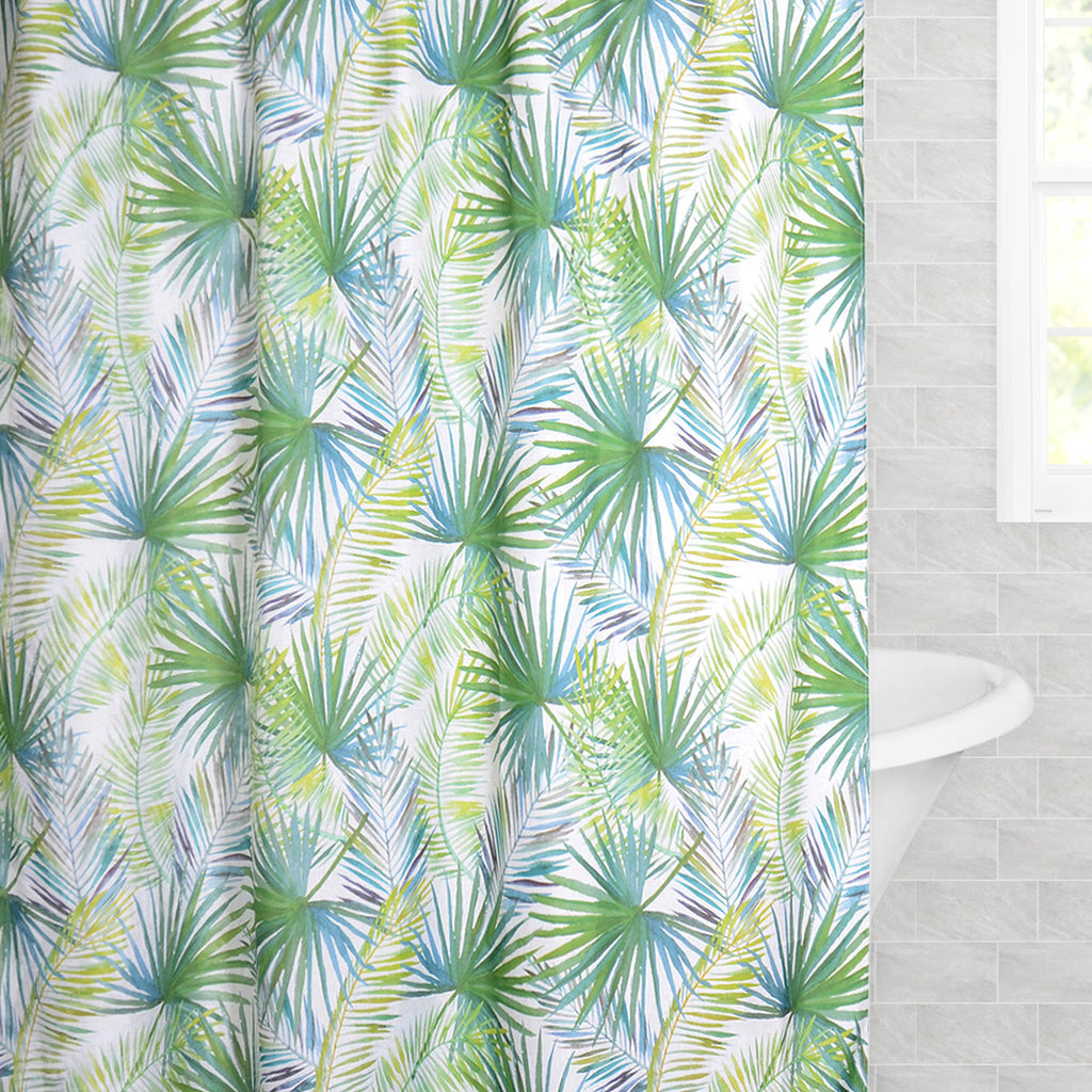 Bedroom inspiration and bedding decor | The Island Palm Leaf Shower Curtain Duvet Cover | Crane and Canopy