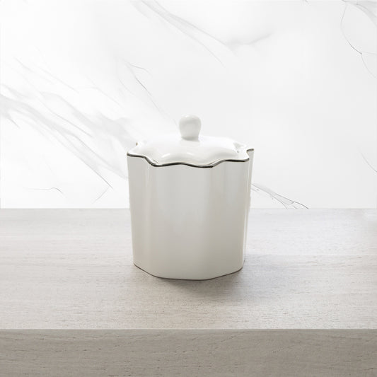 Silver Scalloped Porcelain Bath Accessories, Cotton Jar