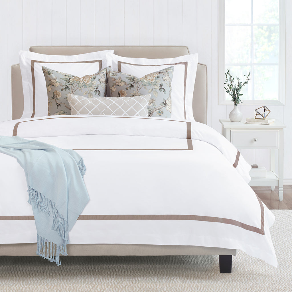 Bedroom inspiration and bedding decor | Bella Taupe Framed Percale Sham Duvet Cover | Crane and Canopy