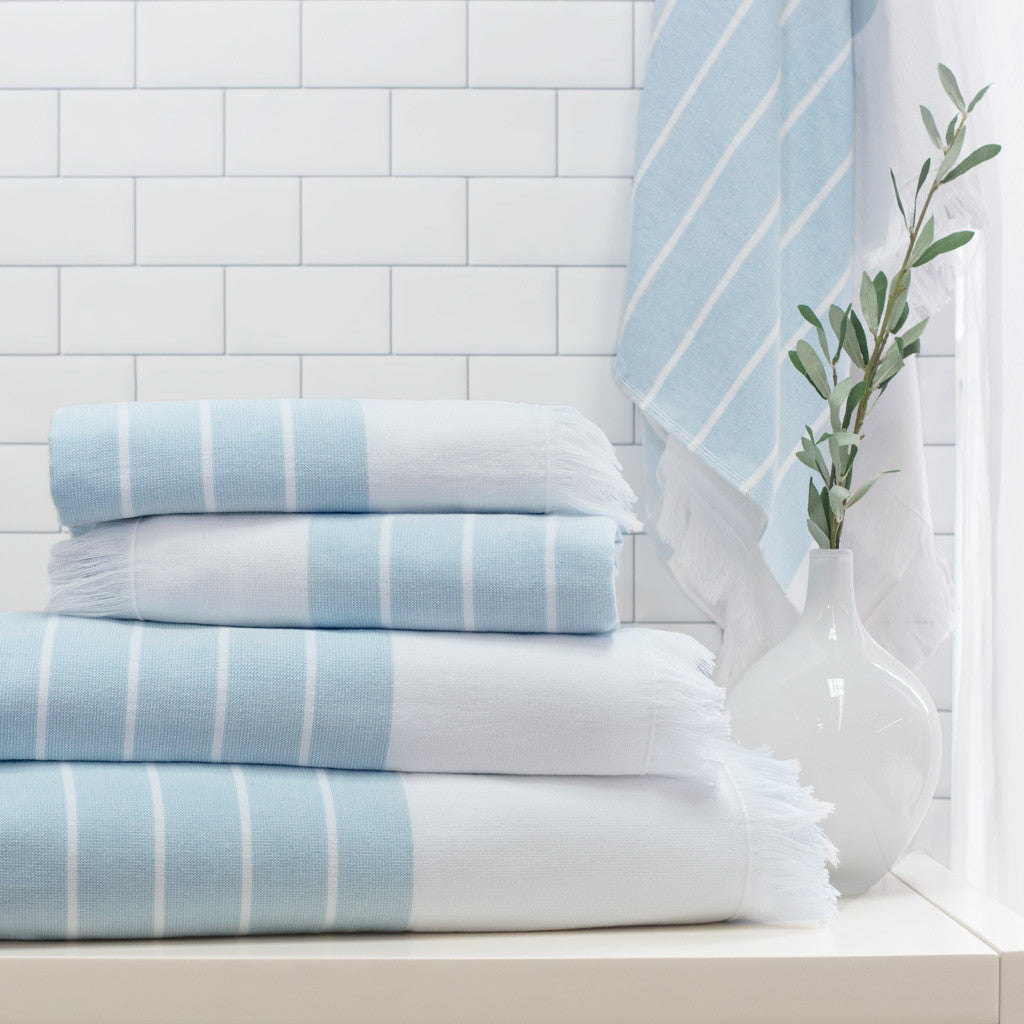 Bedroom inspiration and bedding decor | Blue Stripe Fouta Towel Spa Bundle (2 Wash + 2 Hand + 4 Bath Towels) Duvet Cover | Crane and Canopy