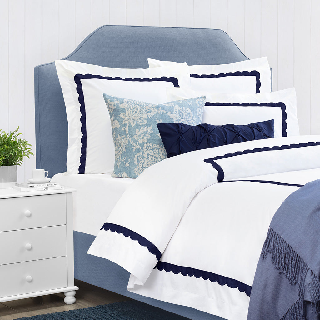 Bedroom inspiration and bedding decor | Camellia Navy Scalloped Percale Euro Sham Duvet Cover | Crane and Canopy