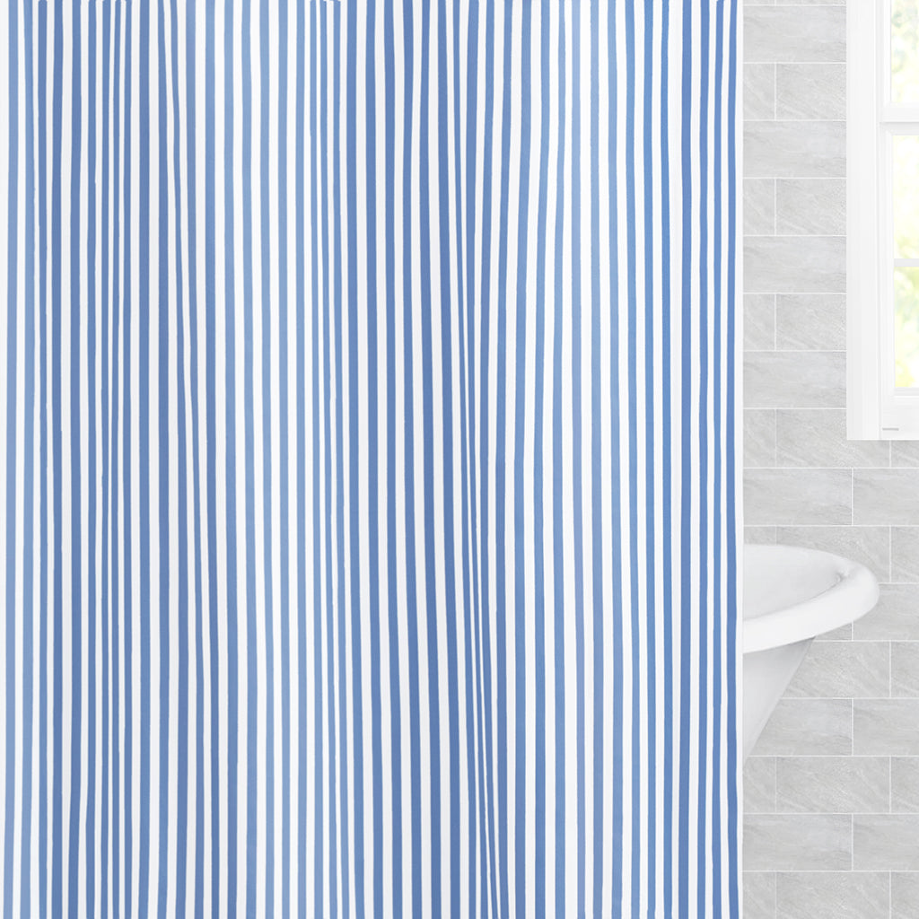Bedroom inspiration and bedding decor | The Capri Blue Lines Shower Curtain Duvet Cover | Crane and Canopy