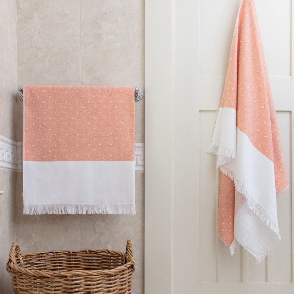 Bedroom inspiration and bedding decor | Coral Dot Fouta Towel Essentials Bundle (2 Wash + 2 Hand + 2 Bath Towels) Duvet Cover | Crane and Canopy