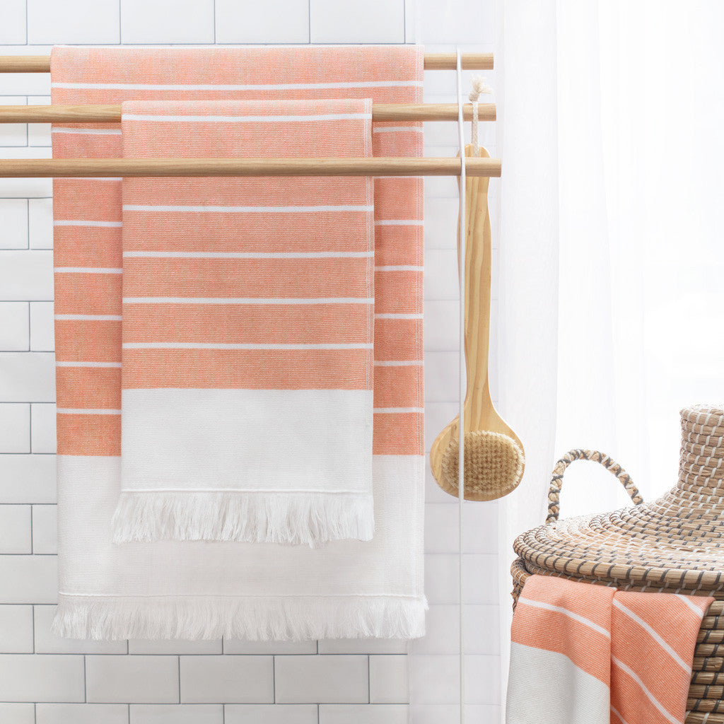 Bedroom inspiration and bedding decor | Coral Stripe Fouta Towel Essentials Bundle (2 Wash + 2 Hand + 2 Bath Towels) Duvet Cover | Crane and Canopy