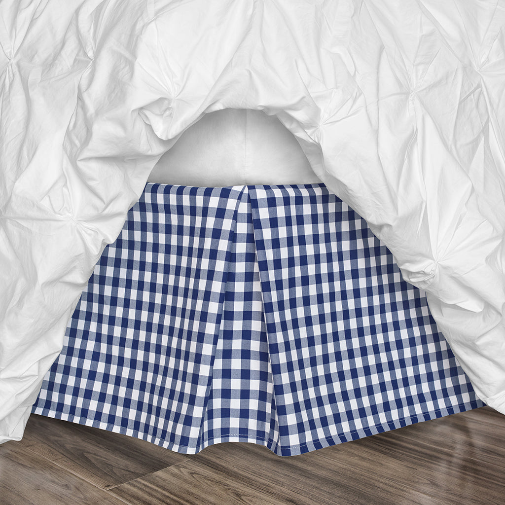 Bedroom inspiration and bedding decor | Navy Blue Small Gingham Pleated Bed Skirt Duvet Cover | Crane and Canopy