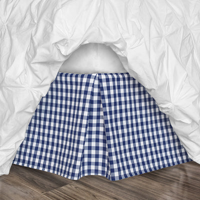 Navy Blue Small Gingham Pleated Bed Skirt