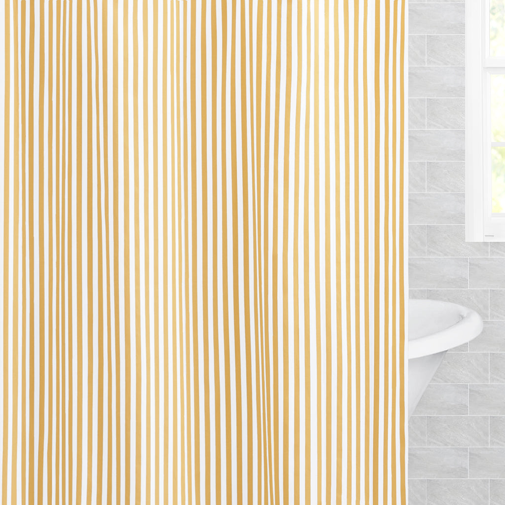 Bedroom inspiration and bedding decor | The Ochre Lines Shower Curtain Duvet Cover | Crane and Canopy