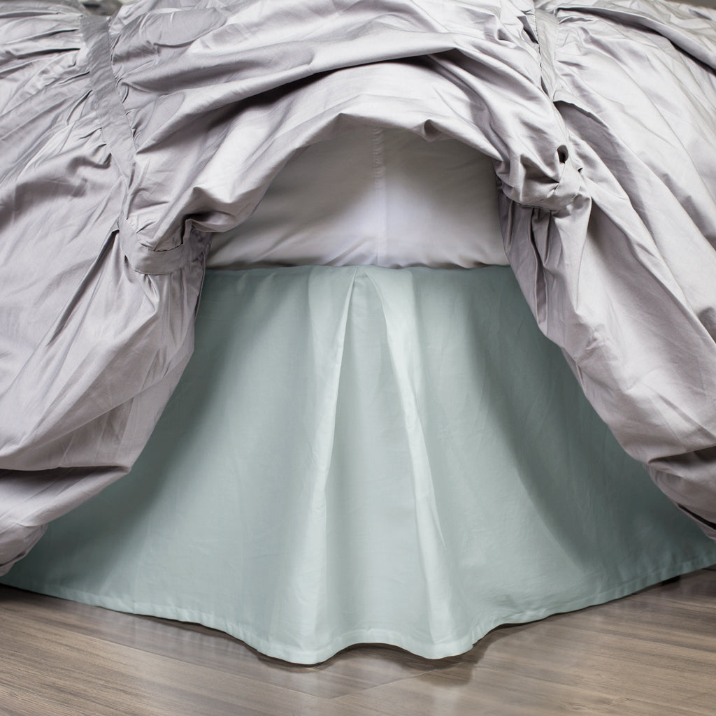 Bedroom inspiration and bedding decor | Porcelain Green Pleated Bed Skirt Duvet Cover | Crane and Canopy
