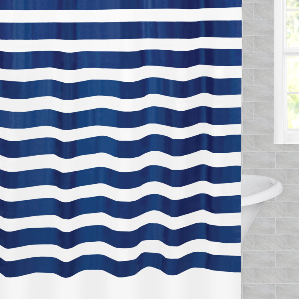 Bedroom inspiration and bedding decor | The Navy Beach Club Striped Shower Curtain Duvet Cover | Crane and Canopy