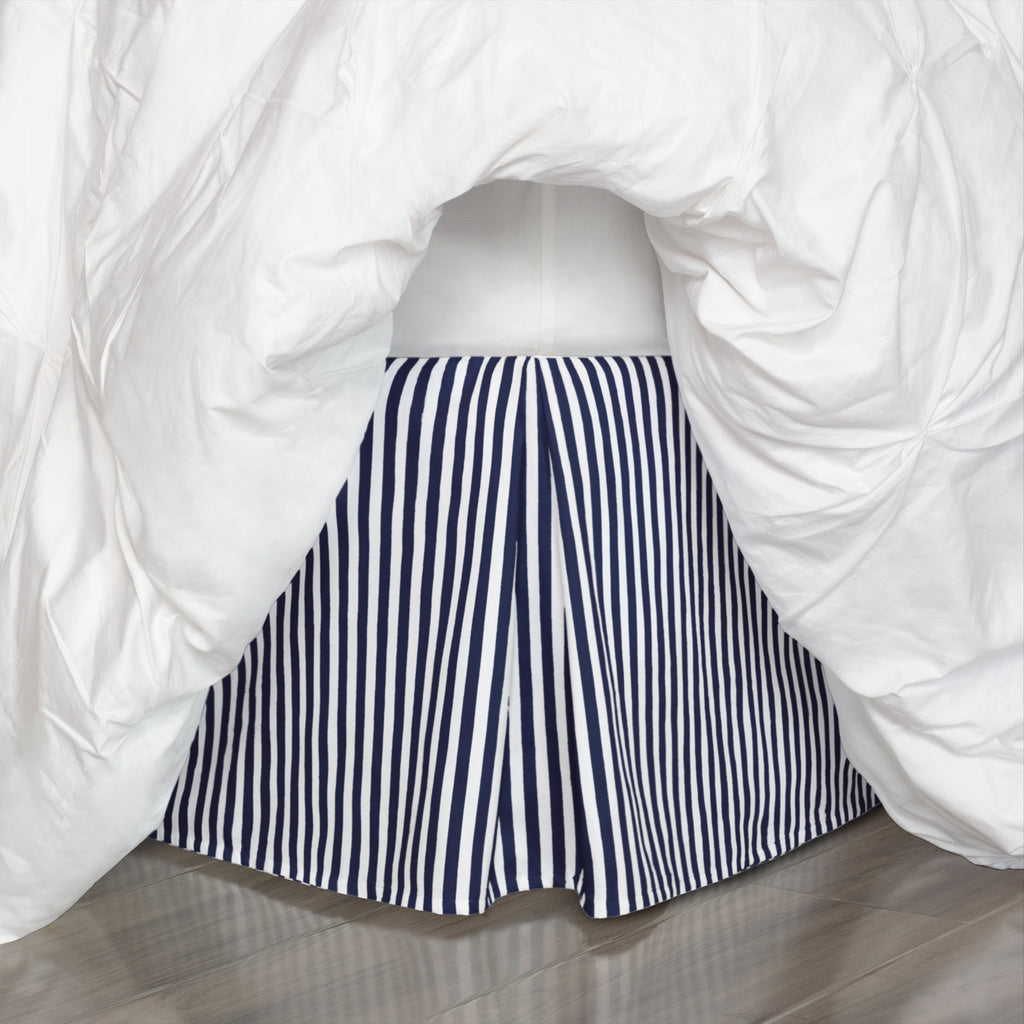 Bedroom inspiration and bedding decor | The Navy Blue Striped Pleated Bed Skirt Duvet Cover | Crane and Canopy