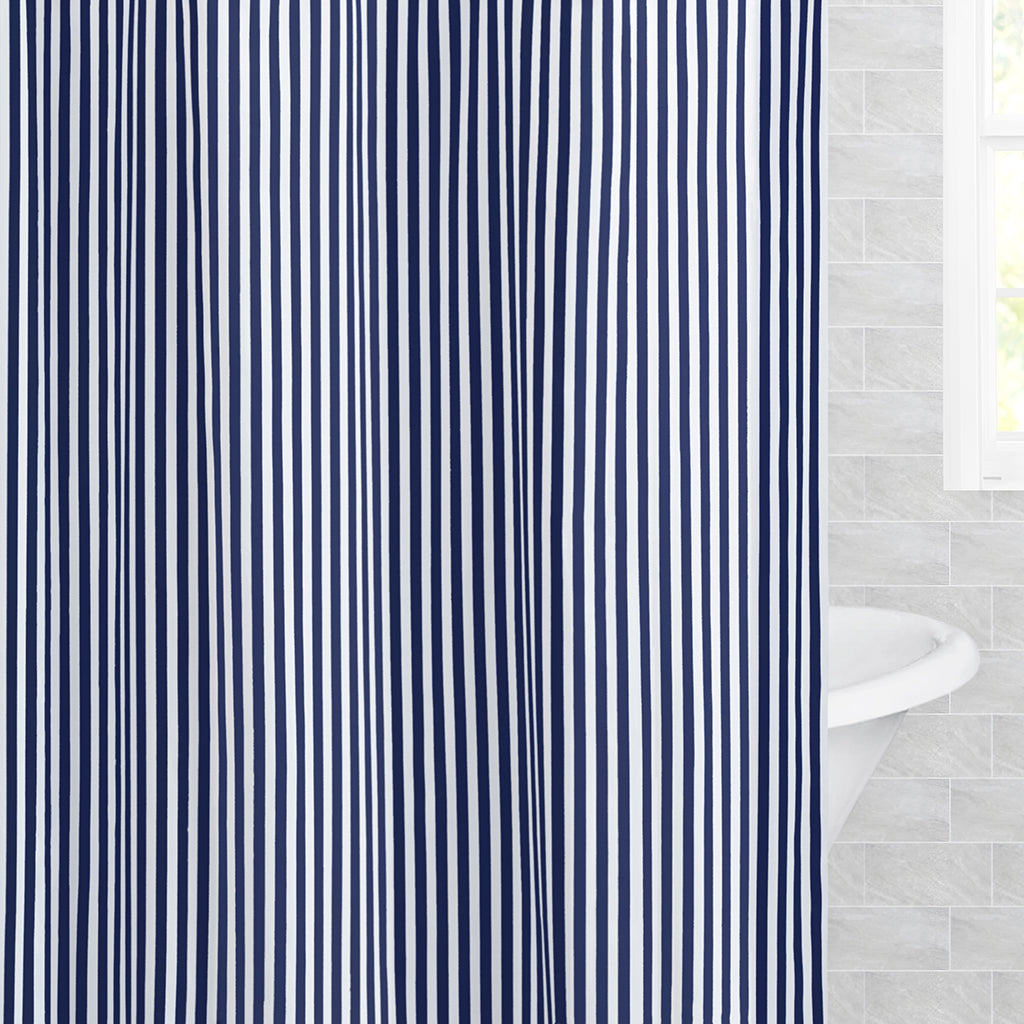 Bedroom inspiration and bedding decor | The Navy Blue Lines Shower Curtain Duvet Cover | Crane and Canopy