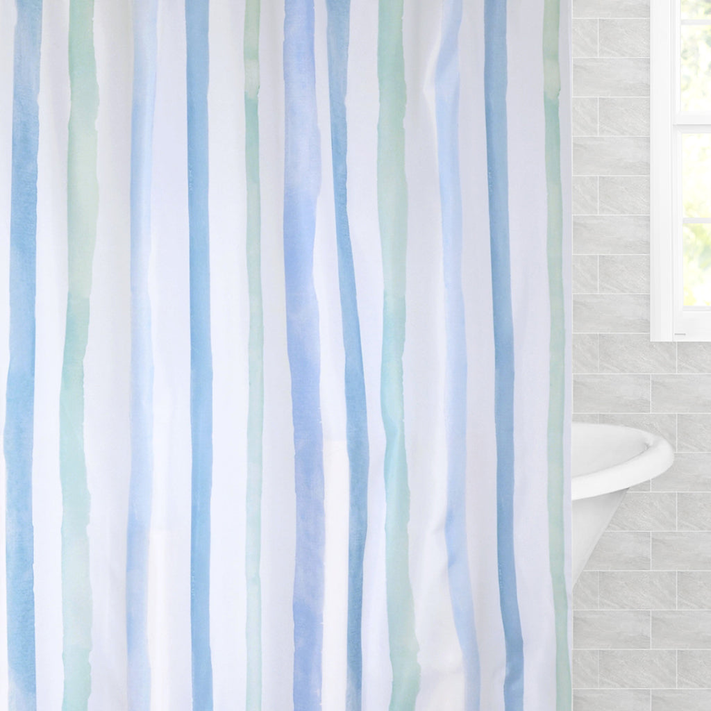Bedroom inspiration and bedding decor | The Watercolor Stripes Shower Curtain Duvet Cover | Crane and Canopy