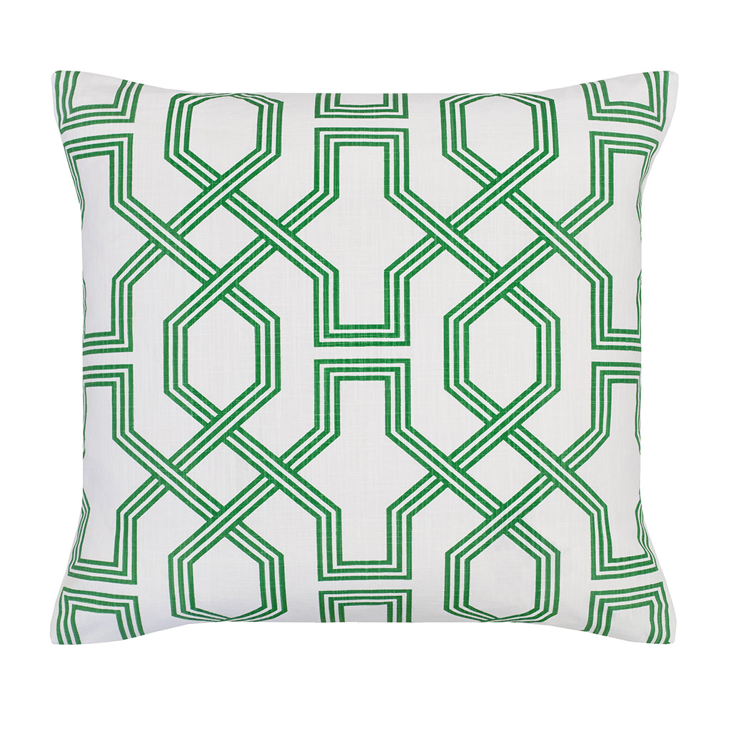 Bedroom inspiration and bedding decor | The White and Green Fretwork Square Throw Pillow Duvet Cover | Crane and Canopy