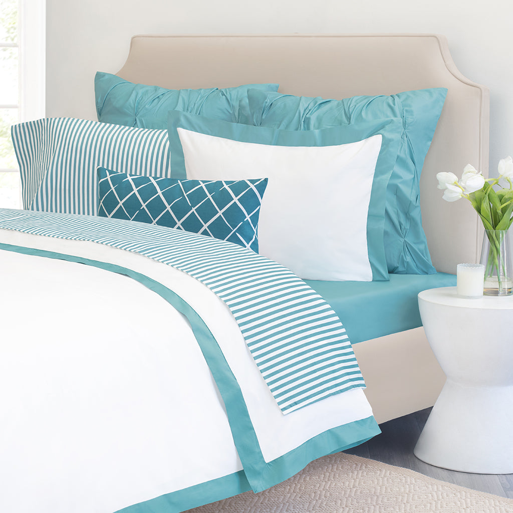 Bedroom inspiration and bedding decor | Turquoise Linden Border Euro Sham Duvet Cover | Crane and Canopy