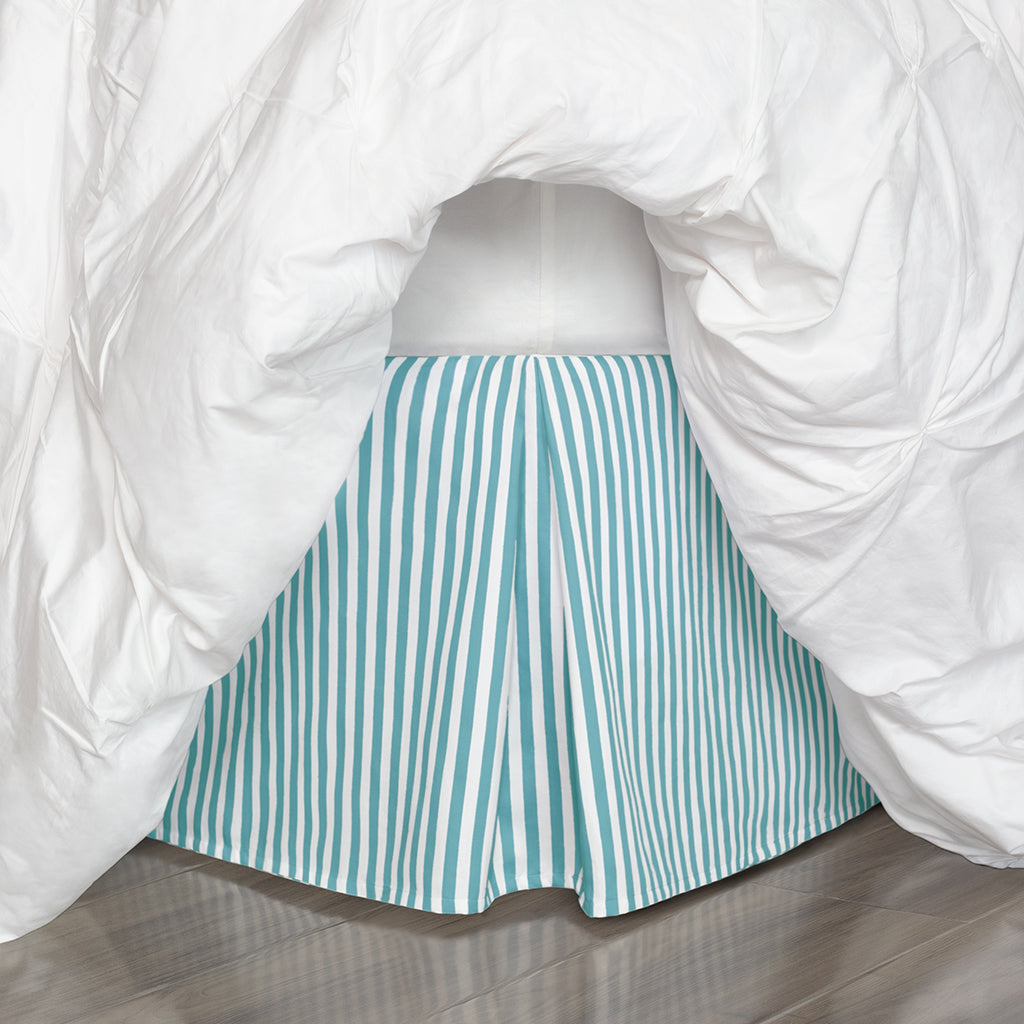 Bedroom inspiration and bedding decor | The Turquoise Striped Pleated Bed Skirt Duvet Cover | Crane and Canopy