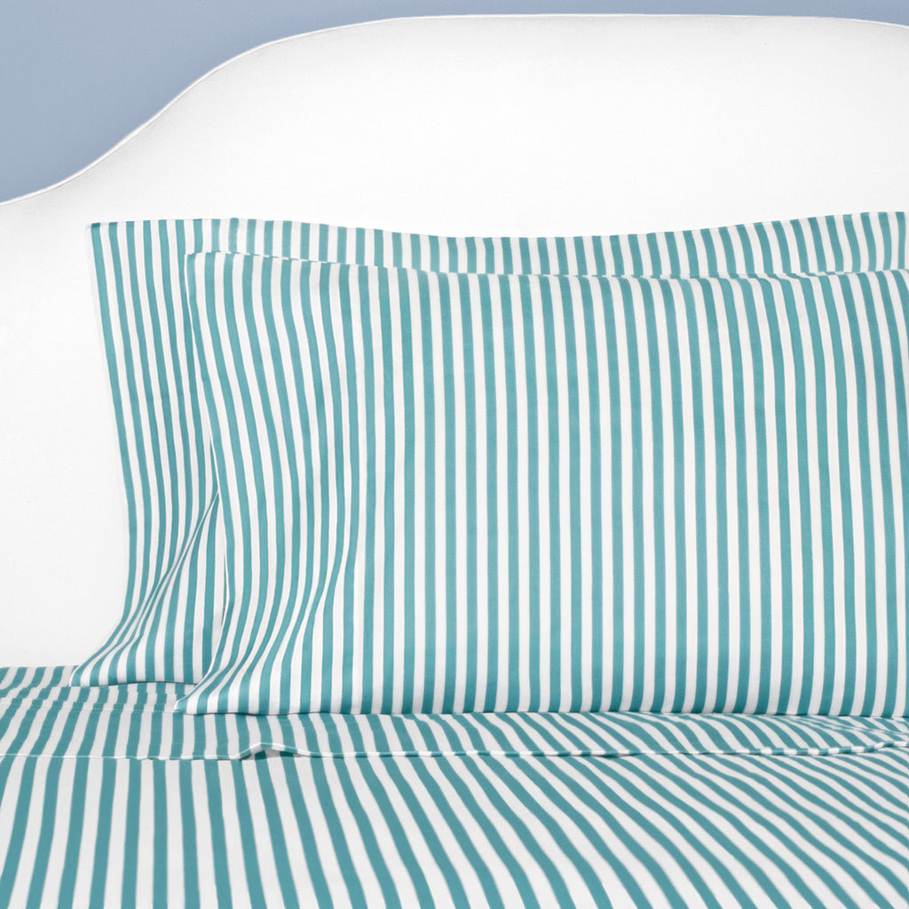 Bedroom inspiration and bedding decor | Turquoise Striped Fitted Sheets | Crane and Canopy